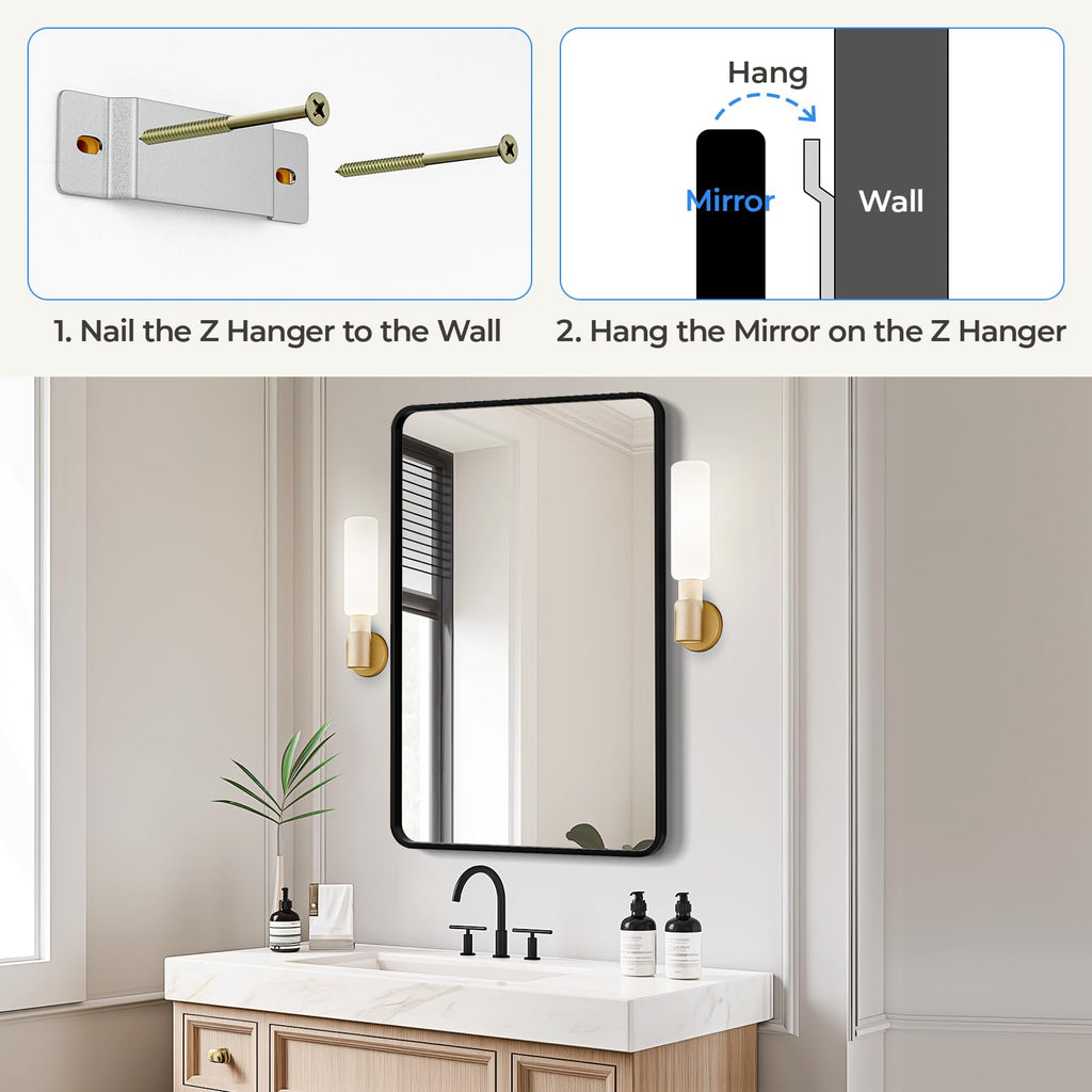 USHOWER Bathroom Mirrors for Over Sink, Metal Frame Rectangle Mirror, Modern Farmhouse Vanity Mirror, Wall Mounted for Bedroom, Living Room, Entryway Remodel & Upgrade, Matte Black, 24 x 36 Inch