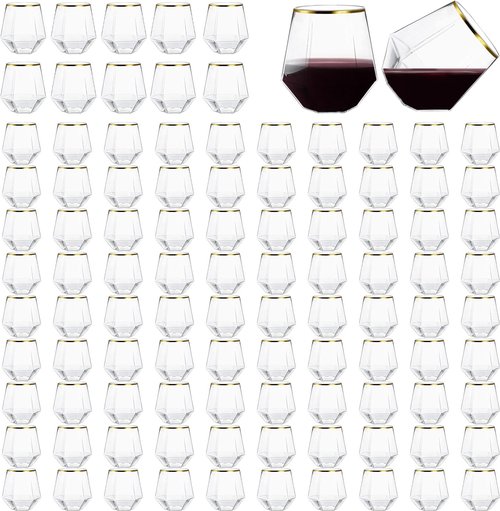 Hyuetrsa 100 Pcs 12 Oz Plastic Wine Cups Gold Rim Plastic Diamond Wine Glass Disposable Stemless Wine Glasses Unbreakable Diamond Wine Glasses for Housewarming Birthday Party Wedding