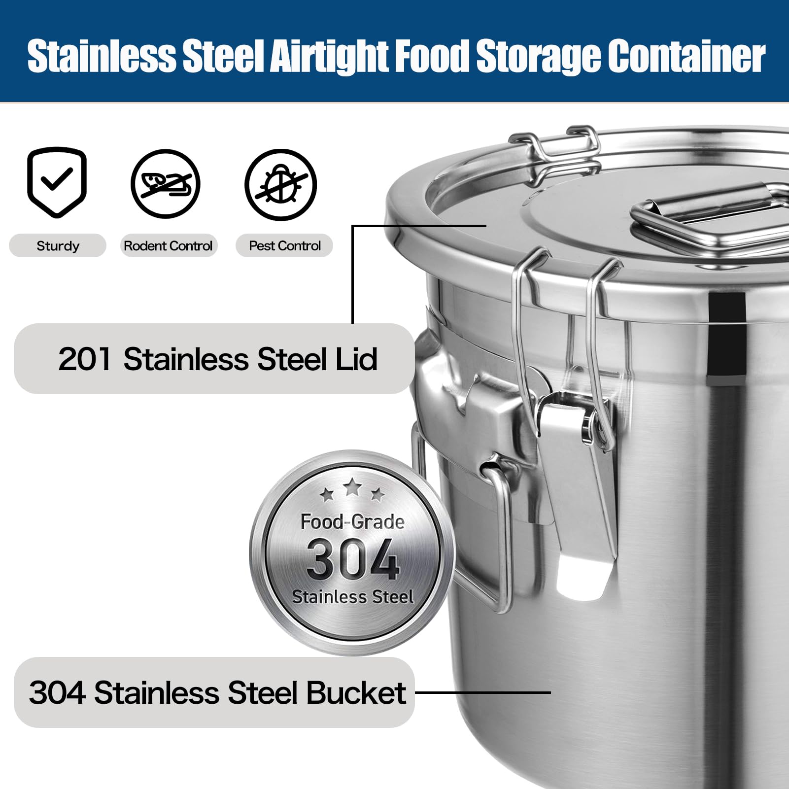 YinCukiEle 5.55Gal/21L Stainless Steel Airtight Canister, 304 Stainless Steel Food Storage Container, 710.4oz Large Metal Bucket with Lid and Lock Clips for Coffee Beans, Flour, Tea, Sugar, Cereals