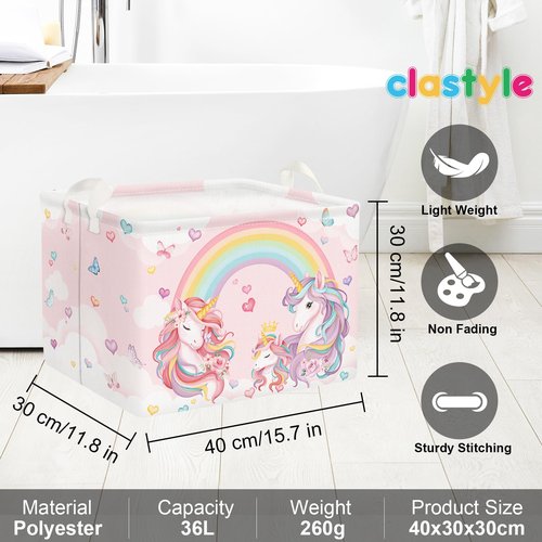 Clastyle 36L Pink Unicorn Rainbow Girls Storage Basket Collapsible Rectangle Clothes ToyBook Shelf Basket for Kid Room Nursery