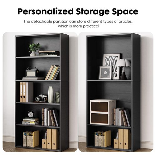 Sweetcrispy Industrial 5 Shelf Bookcase - Large 53 Inch Tall Floor Standing Open Bookshelf with Anti-Tipping Device for Home Office, Living Room, and Bedroom Storage, Black