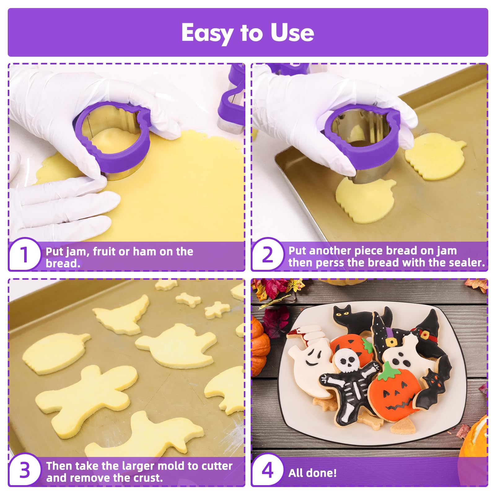 NPET Halloween Cookie Cutters for Kids Lunch 10Pcs, DIY Uncrustable Halloween Kids Lunch Cookie Cutters Peanut Butter & Jelly Cookie Cutter Gifts Press Boys Girls Purple