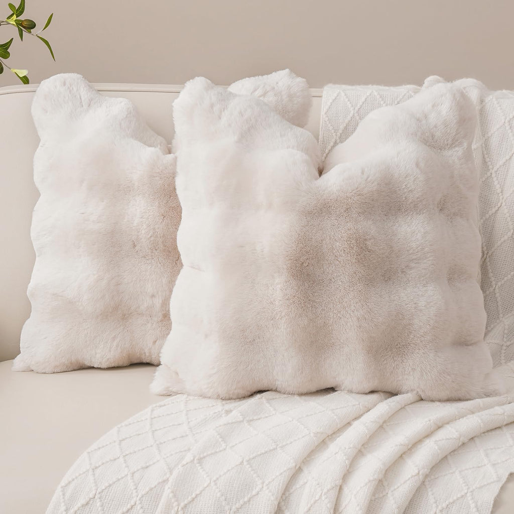 SOMAHE Set of 2 Throw Pillow Covers 18x18 Decorative Pillow Covers for Couch Faux Fur Soft Cozy Pillowcase Sofa Fluffy Plush Pillow Cases Cream White