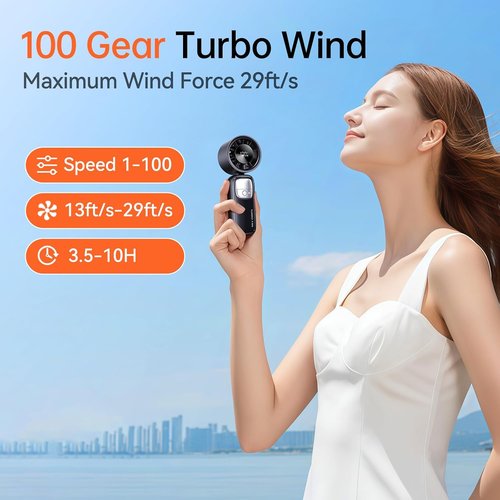 KIMMOO 3-in-1 Portable Handheld Turbo Fan - 100 Speeds, 15000 RPM, 10-Hour Cooling, LED Display | Mini Foldable Travel Fan (Black)
