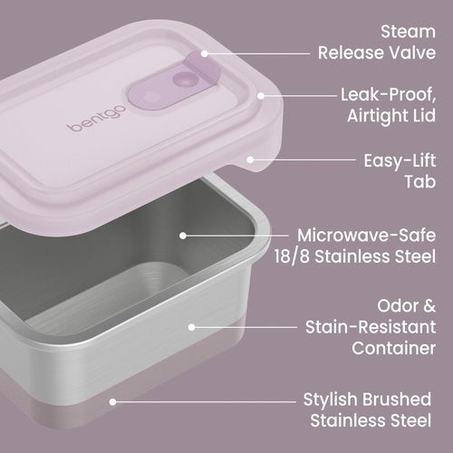 Bentgo MicroSteel Heat & Eat Container – Microwave-Safe, Leak-Proof & Airtight, Easy-to-Clean Lightweight Stainless Steel Reusable Food Storage with Silicone Lid (Lunch Size; 3-Cup Capacity; Dusk)