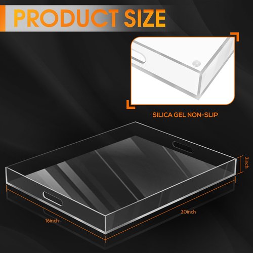 MAONAME Acrylic Serving Tray with Handles, 20" x 16" Rectangular Clear Tray, Ottoman Decorative Trays, Coffee Table Trays for Countertop, Living Room, Office