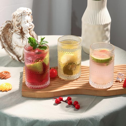 Moretoes Large Hobnail Drinking Glass Set of 12,15oz Clear Vintage Glassware,Embossed Glass Cups,Water Tumbler,Highball Glasses For Beer, Juice And Various Mixed Drinks