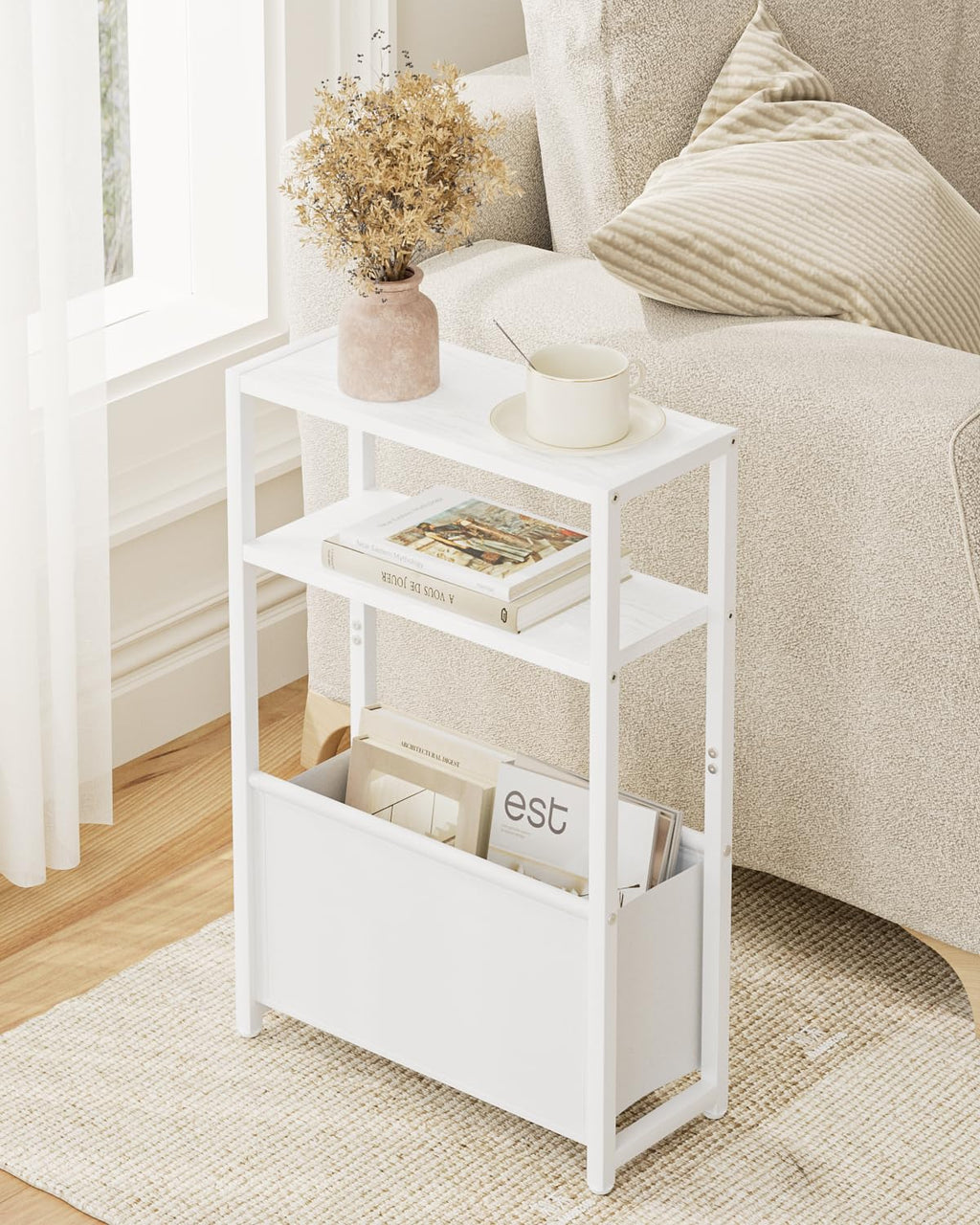 Apetaccat Narrow Side Table, 3-Tier Side Table with Storage Bag, Narrow Nightstand for Small Spaces, Bedside Table for Living Room, Bedroom, White