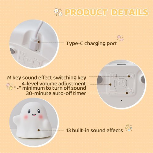 NEXTANG Ghost Night Light for Kids – Gift & Fun Toy for Kids, Touch Tap Lamp with Sounds, Squishy Silicone, Eye-Safe LED, 30-Min Timer, Dimmable Rechargeable Bedside Table Lamp – Gift for Boys & Girls