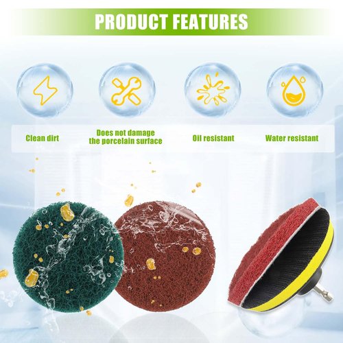 EPLZON 4 Inch Scrub Drill Brush Power Scouring Pads Household Cleaning Set for Kitchen Bathroom 4 Red Pads 4 Green Pads 1 Drill Attachment and 1 Universal Shaft