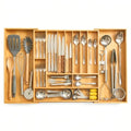 OPRTEU Expandable Kitchen Organizer – Adjustable 33” Wide Utensil Kitchen Drawer with 11 Compartments, Natural Solid Bamboo Construction for Flatware