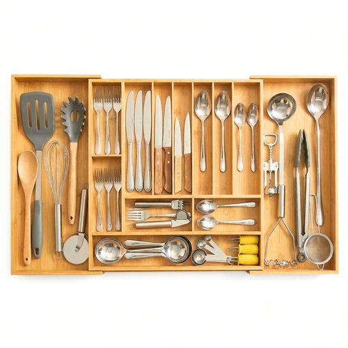 OPRTEU Expandable Kitchen Organizer – Adjustable 33” Wide Utensil Kitchen Drawer with 11 Compartments, Natural Solid Bamboo Construction for Flatware