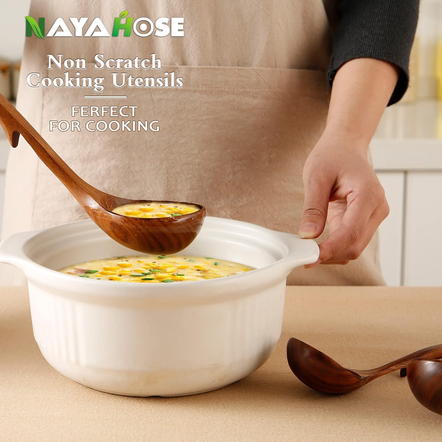 Skiennix Wooden Ladle - Natural Teak Cooking Spoon Set | Non-Stick, 3 Sizes Available