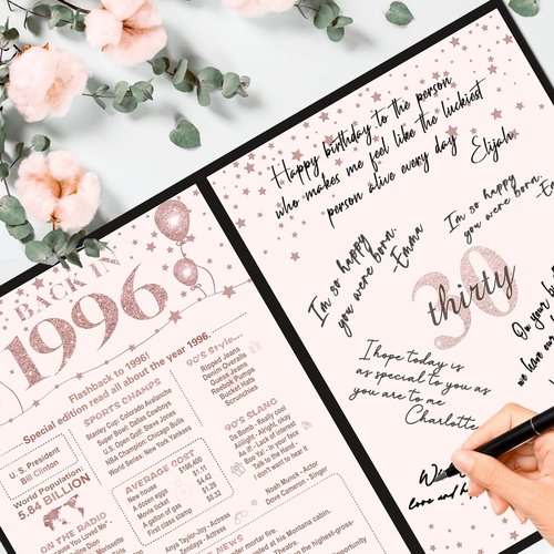 Crenics 30th Birthday Decorations for Her or Women, Black Pink Back in 1996 Poster, 30th Birthday Guest Signature Book, Awesome 30 Anniversary Birthday Gifts