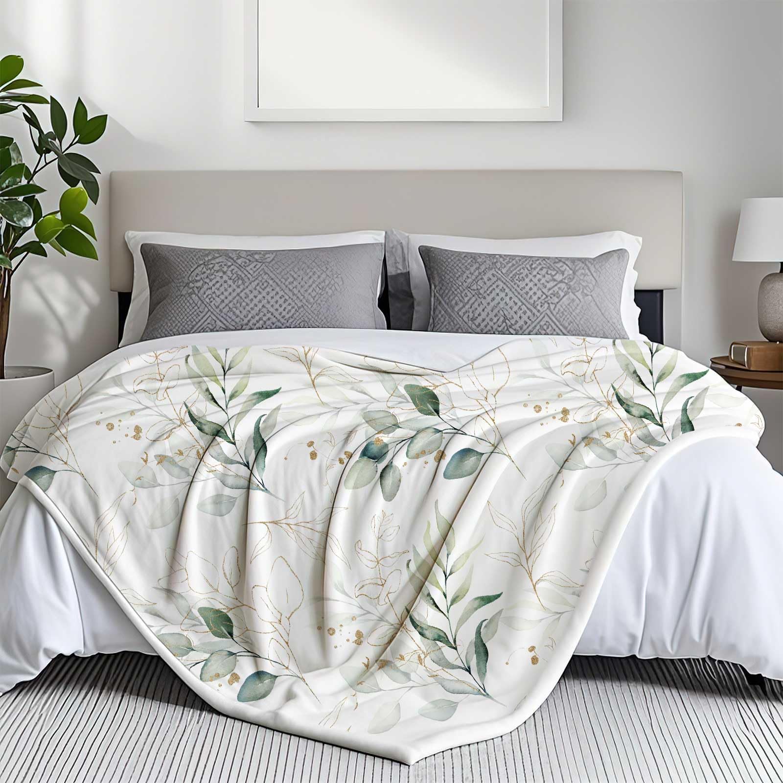 Eucalyptus Leaf Blanket, Botanical Plants Throw Blanket, Soft, Flannel, Warm, Watercolor Floral Throw Blankets Green Botanical Floral Aesthetic Bed Blankets for Couch Bedroom Living Room 50X60 Inch
