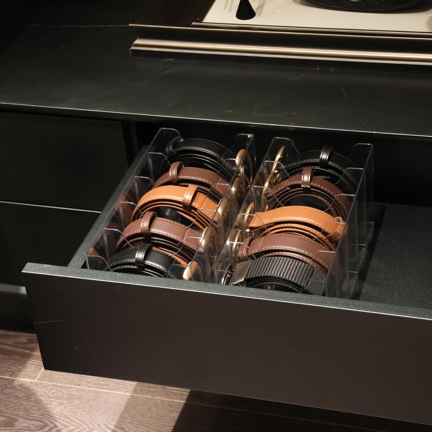 Skiennix Belt Organizer - 2 Pack Clear Stackable Storage Bins | 5 Compartments with Removable Dividers for Closet & Drawer