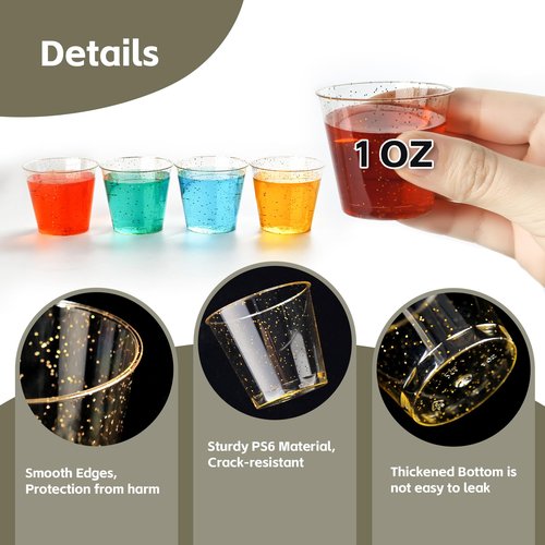 Byvivace 500Counts 1OZ. Disposable Shot Glasses Hard Plastic Shot Cups Gold Glitter Mini Shot Glasses for Tequila, Jello Shots, Liquor, 1Ounce Small Cup for Sauce, Dips, Shot Cups for Party