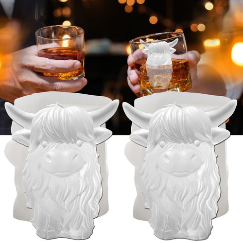 SIUPER 3D Highland Cow Ice Cube Silicone Molds Tray for Whiskey, Cocktail, Drink, Bar; Rich Details. Fun Animal Mold for DIY Taba Squishy Chocolate Soap Candle Resin Gift for Women Girls Boys; 2 Pack