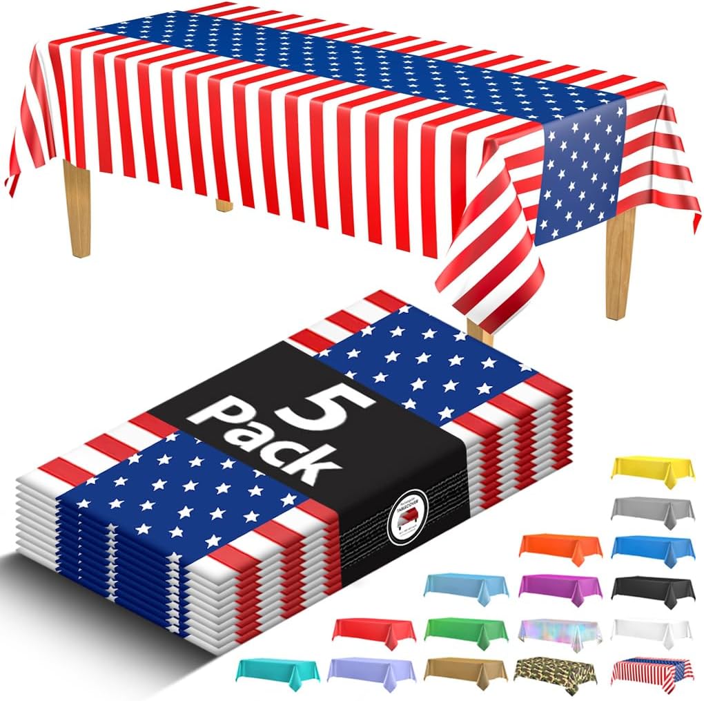 USA Flag Premium Plastic Tablecloth - 5 Pack | 108 x 54 in. Disposable Rectangle for July 4th Parties
