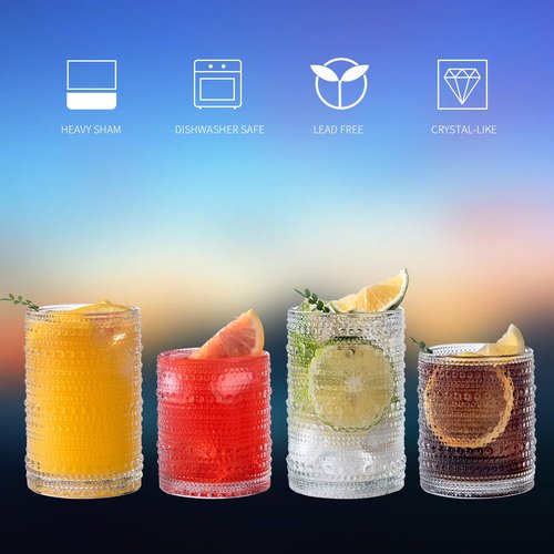 megarte Vintage Hobnail Drinking Glasses - Set of 12 Cocktail Glassware - 6 Pcs Jupiter Water Cups 14 oz & 6 Pcs Cute Beaded Bubble Textured Drinkware 11 oz for Wine Beer Juice Whiskey