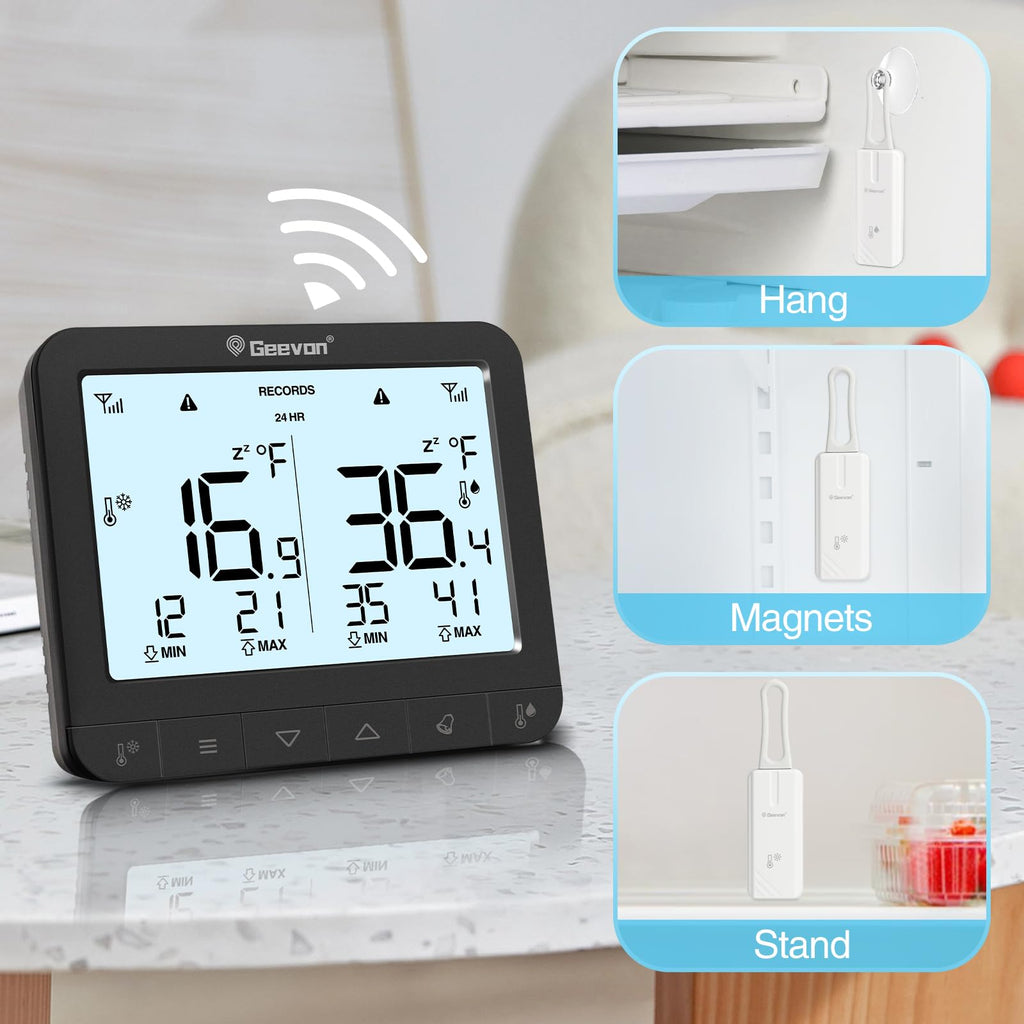 Geevon Digital Wireless Refrigerator Thermometer with Alarm, Low Battery Warning Icon, Max/Min Temperature LCD Display, Suitable for Domestic or Commercial Use Freezer Thermometer with Alarm