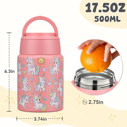 Aimsnk 17oz Soup Thermo for Hot Food Kids Insulated Food Jar,Thermo Hot Food Lunch Container, Width Mouth Stainless Steel Lunch Box for Kids with Handle Folding Spoon (Pink-Unicorn)