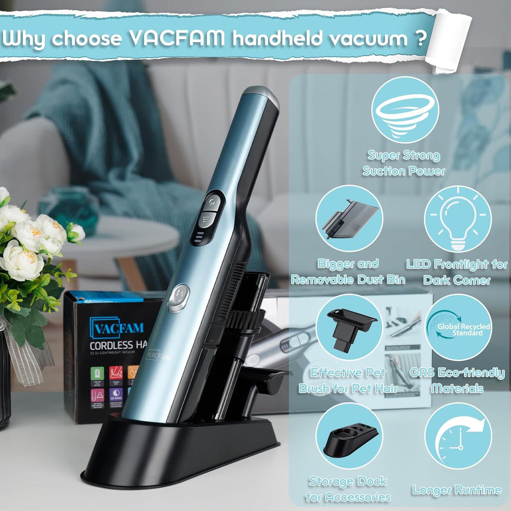 Skiennix Handheld Cordless Vacuum Cleaner - 18KPa Suction Power, Quick-Charge & LED Headlight, Blue