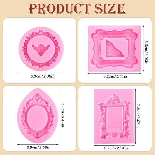 JJUNW Silicone Photo Frame Molds - 4 Pcs Baroque Style for Cake Decoration & Crafting