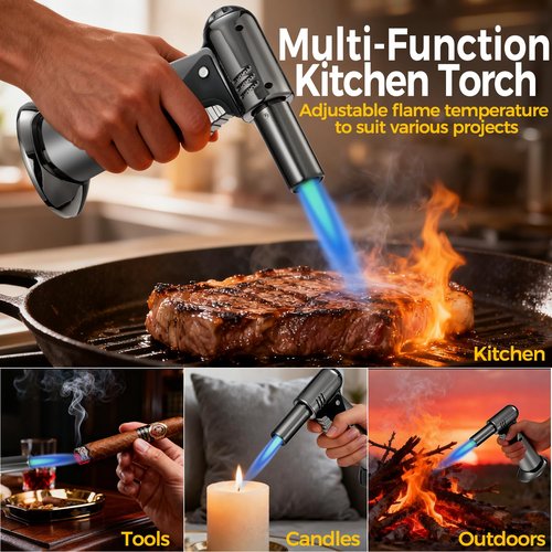 Butane Torch, Butane Refillable Kitchen Cooking Torch, Torch Lighter with Safety Lock And Adjustable Flame For BBQ, Baking, Brulee Creme, Crafts and Soldering(Butane Gas Not Included)