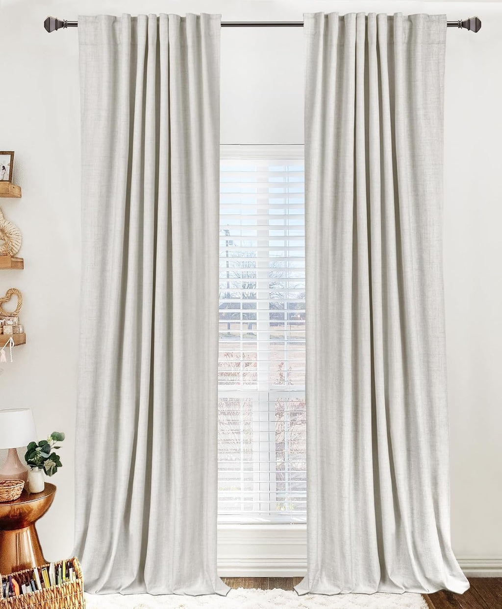 Skiennix 100% Blackout Linen Curtains - Thermal Insulated Drapes, 50" W x 108" L, Beige | 2 Panels Set
