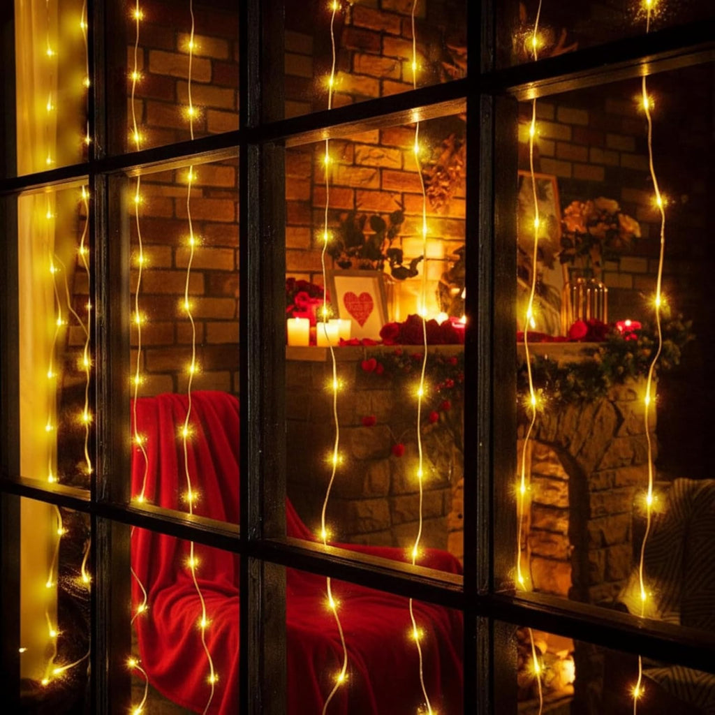 Skiennix 195 LED Curtain String Lights - 6.5 x 5 Ft Battery Operated with 8 Dimmable Modes | Copper Fairy Lights for Christmas & Wedding Decor