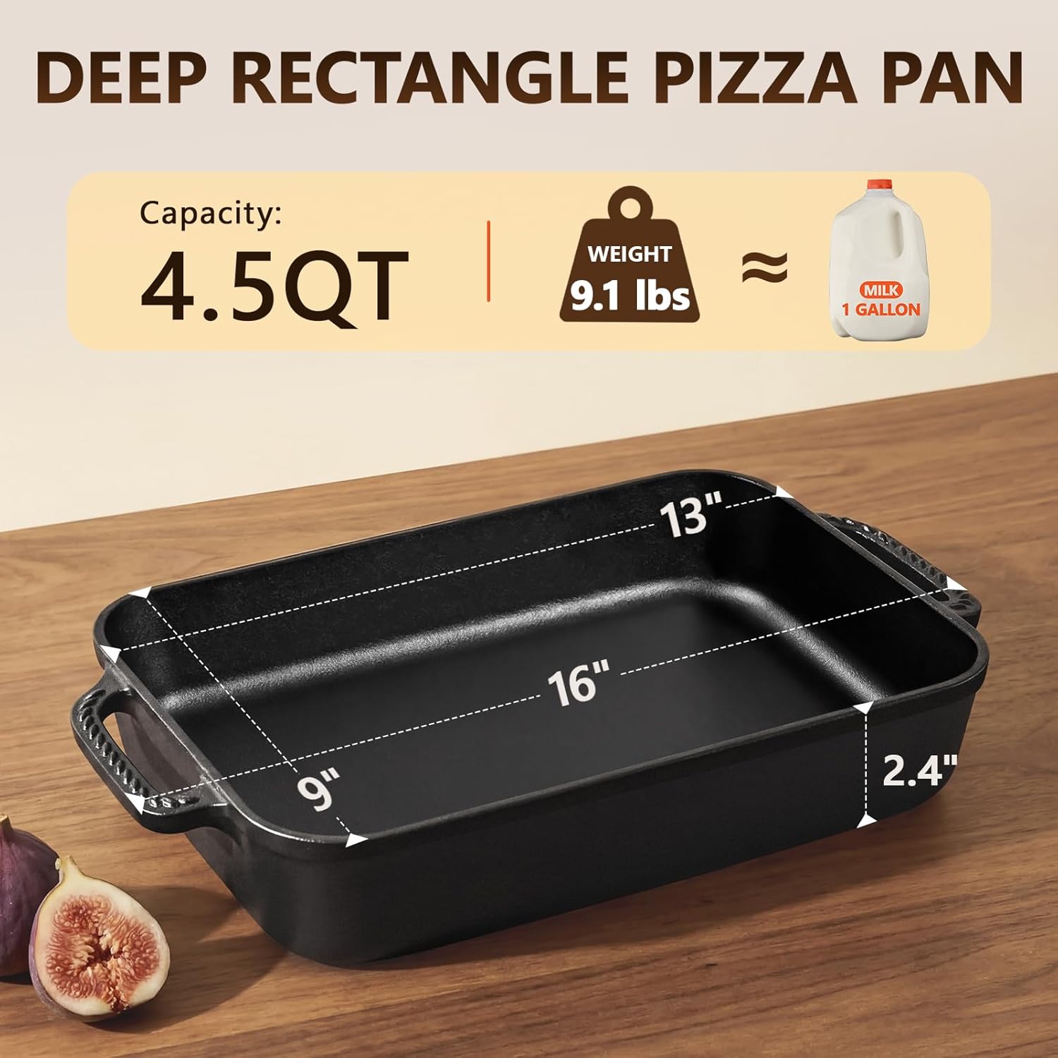 Cast Iron Detroit Pizza Pan - Pre-Seasoned 9x13 Inch Deep Baking Dish for Casserole & Lasagna