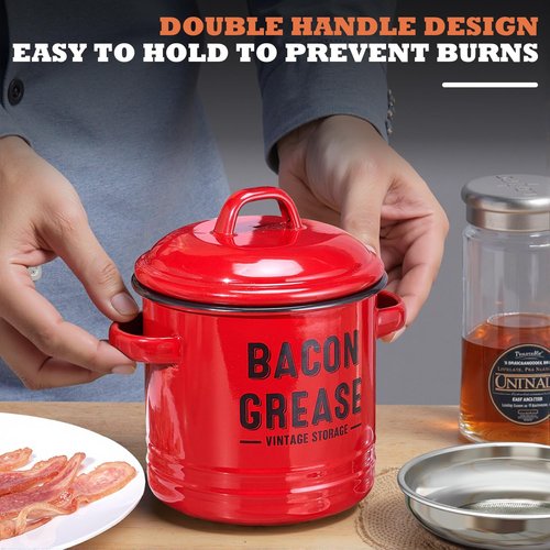 ONEARF Bacon Grease Container with Strainer - Large 46OZ Red Kitchen Oil Storage Can, Food Saver Bin with Lid | Farmhouse Cooking Pot Keeper Collector, Dishwasher Safe - Red