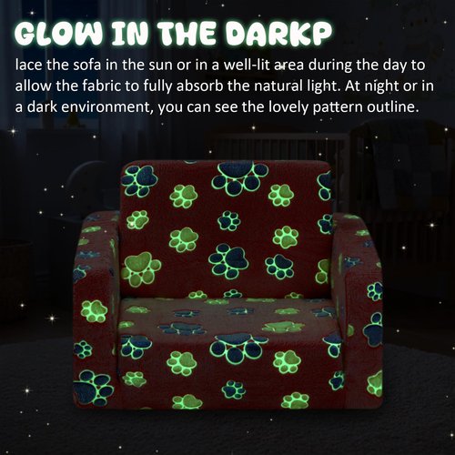 AceOrbit Glow in The Dark 2 in 1 Toddler Couch, Foldable Flip Open Kids Sofa Bed for Playroom, Comfy Thick Plush Chair with Paw Prints for Girls and Boys, Ages 1-3