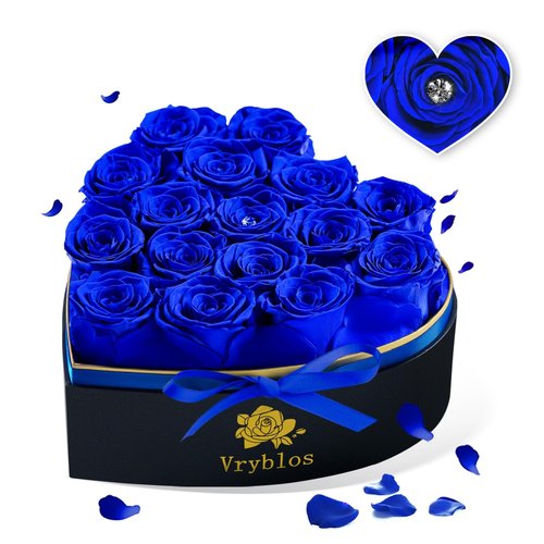 Vryblos Forever Blue Roses in a Box Heart Shaped 16 Preserved Flowers for Delivery Grade A Quality 100% Real Immortal Flower Eternal Birthday for Her Mom Women Wife Girlfriends (Heart-Blue)