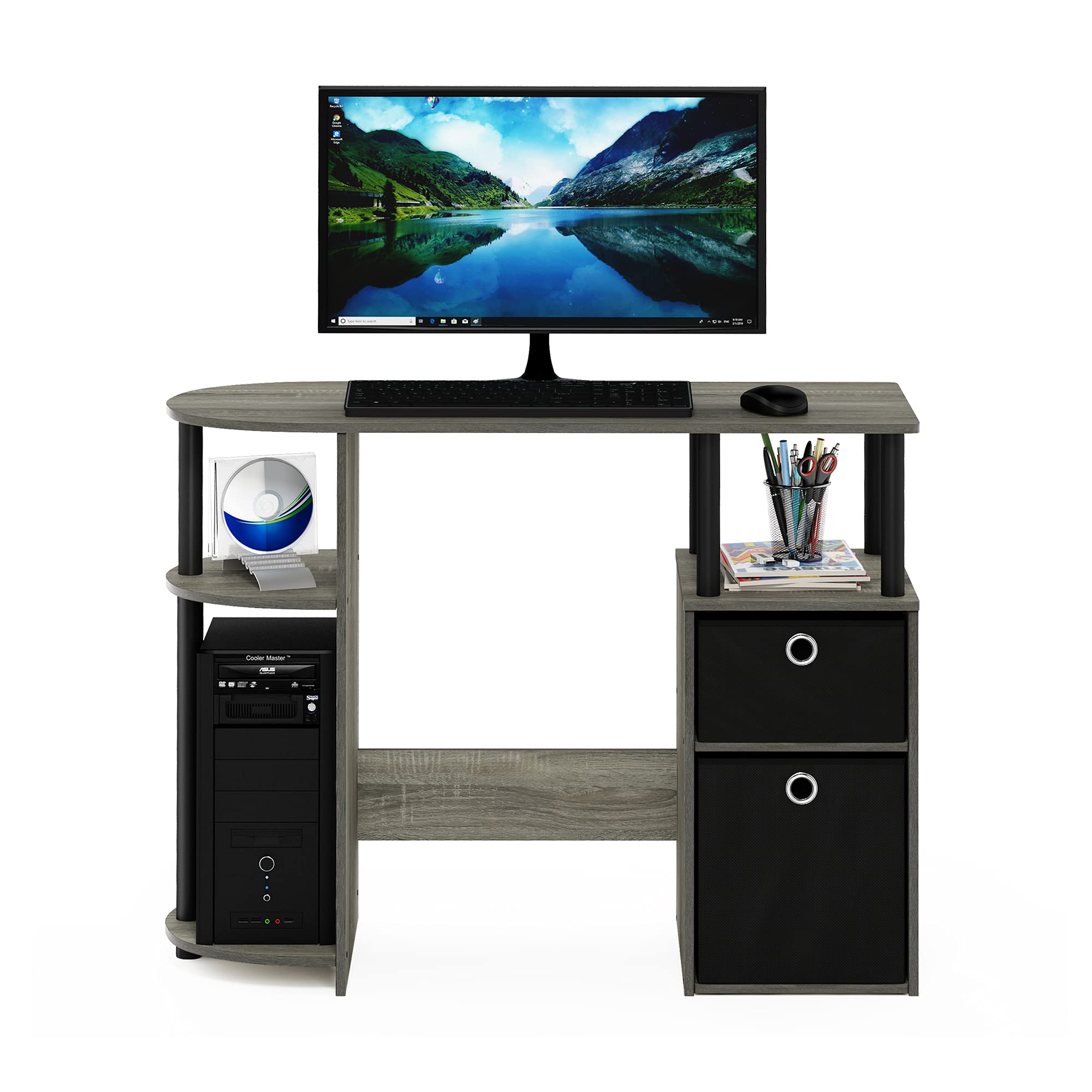 Furinno JAYA Desk, 38.4" Wide Gaming Desk with Bin Drawers, Computer Desk with Side Shelf, Office Desk for Study, Home Office, Bedroom, Dorm, Study Room, French Oak