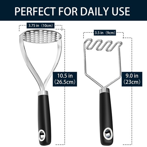 MUJINON 18/0 Stainless Steel Potato Mashers, 10.3-inch, Non-slip Handle, Kitchen Tool for Avocado Vegetable Sauce Butter Pumpkin Puree Bean, Dishwasher Safe, Pack of 2