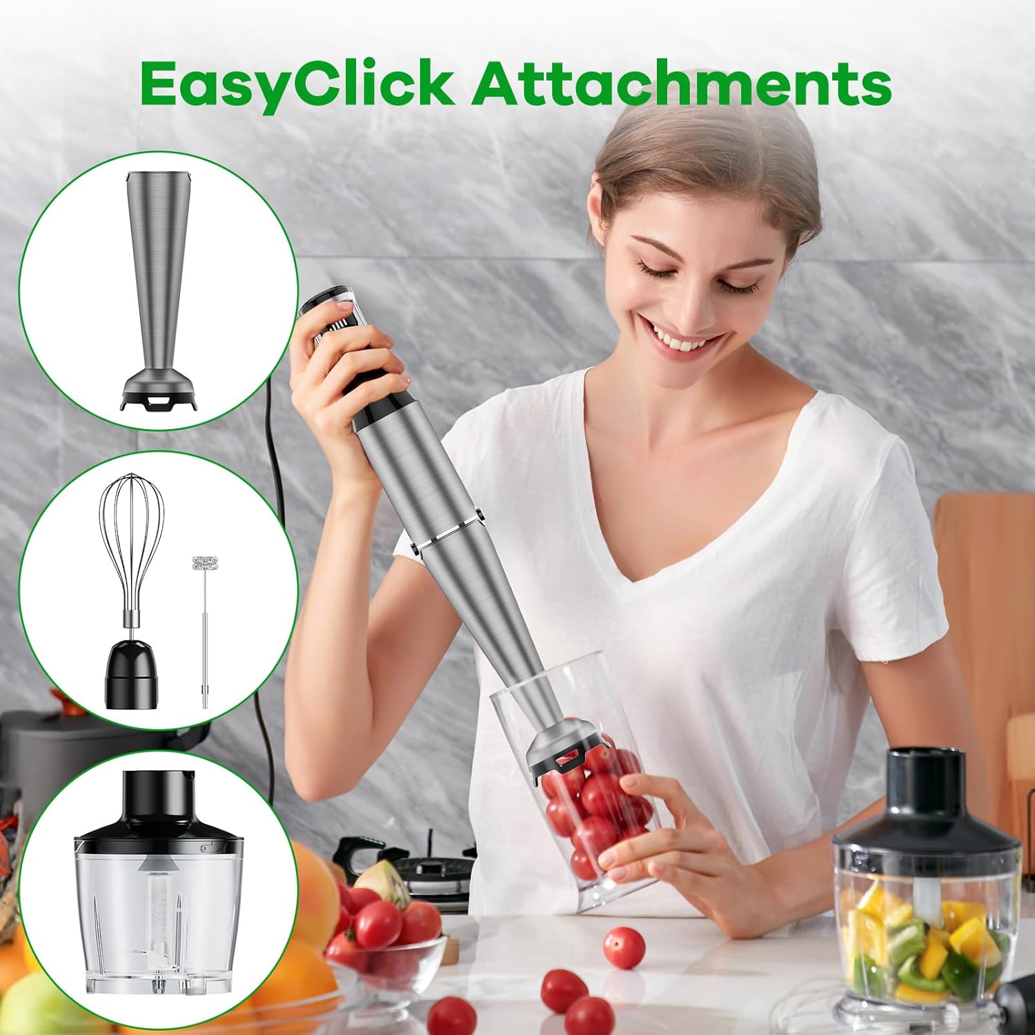 Turelar Immersion Blender - 1100W Handheld Stick Mixer with Variable Speed | Includes Chopper, Whisk & Frother - Black