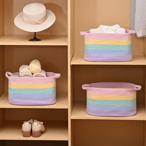 DUHEL Cotton Rope Woven Storage Basket, Used for Baby Hamper Toy Organizer, Gift Baskets Empty,Kids Laundry Basket,Baby Blanket Basket. Size 15x10x8.7 Inches. (Rainbow-3Pcs)