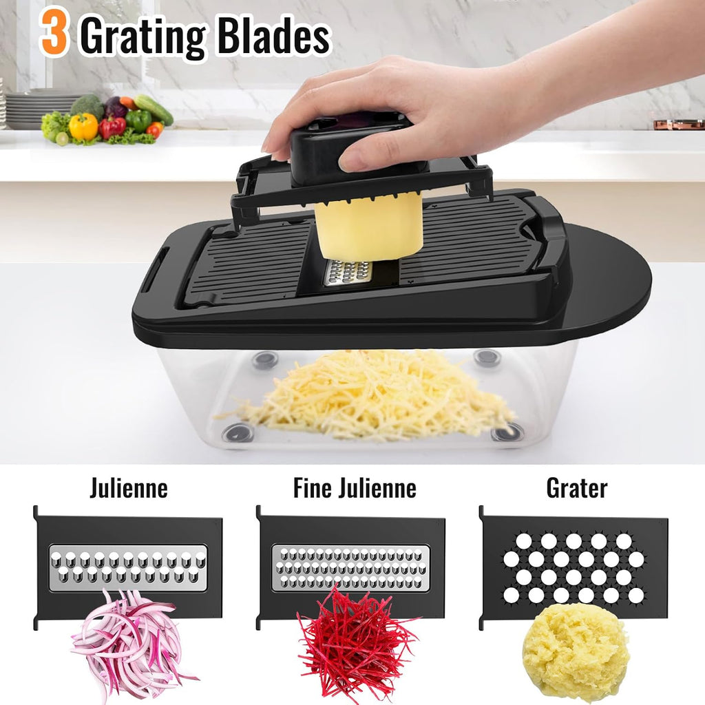 Skiennix 8-Blade Vegetable Chopper - All-in-One Mandoline Slicer with Container | Black Kitchen Gadget