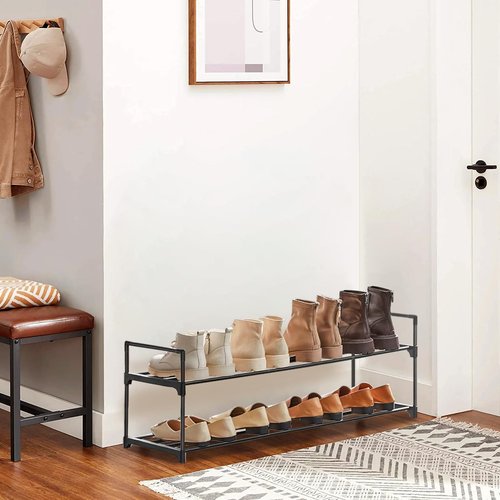 XSBAIHUO Shoe Rack - Metal Shoe Rack Organizer - Stackable Shoe Storage Shelf for Entryway, Closet, Bathroom 30cm(D) x 92cm(W) x 55cm(H) -Black (2-Tier)
