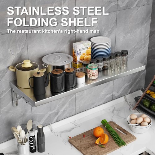 DULNICE Folding Wall Shelf 23.6" x 12", Stainless Steel Wall Mounted Folding Table, 110lb Capacity, Floating Concession Shelf for Food Trucks, Trailer Windows, Kitchen, Restaurant, Garage Utility Room
