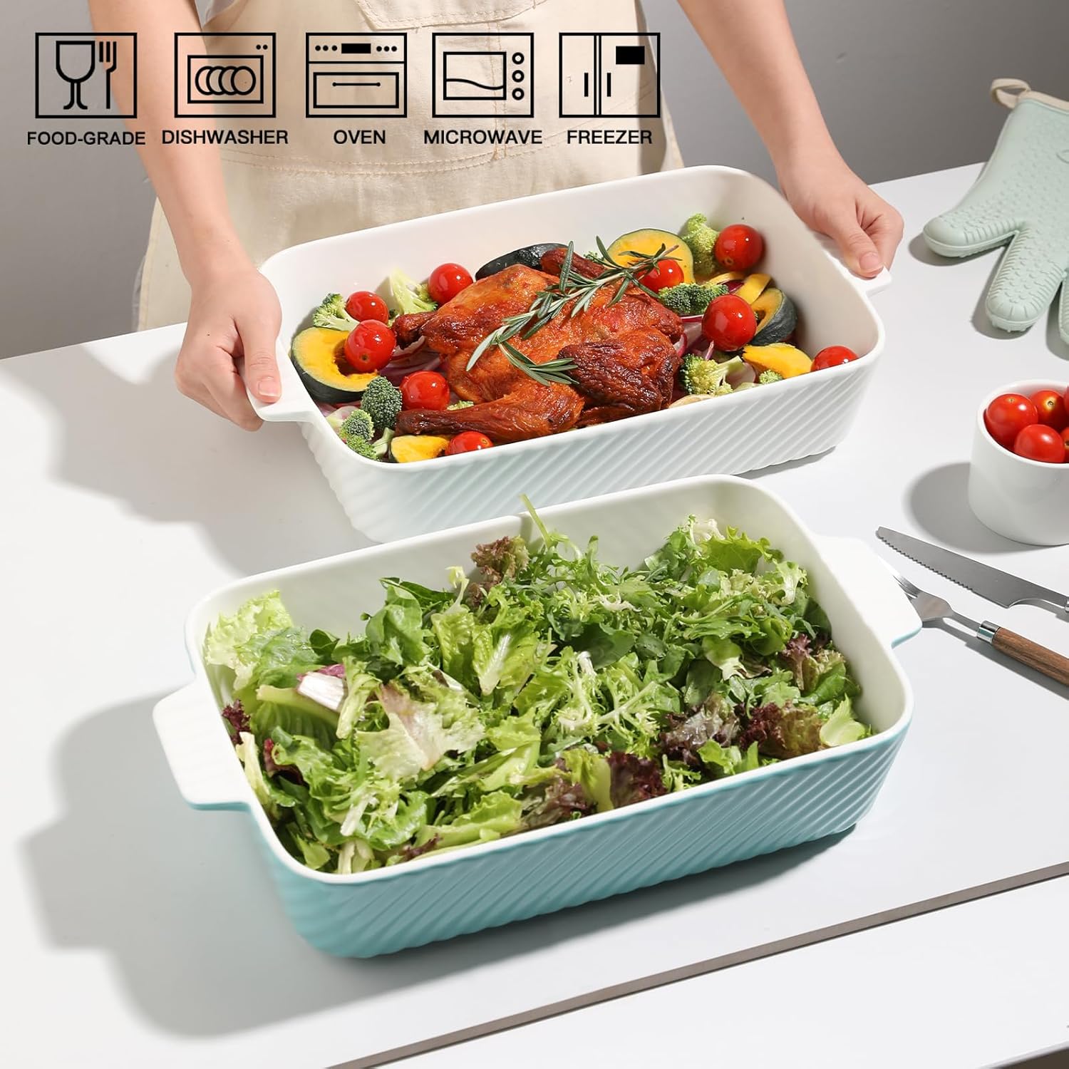 Sweejar Ceramic Baking Pan - 13 x 9 Porcelain Dish for Brownies & Lasagna | Oven Safe with Handle (White)