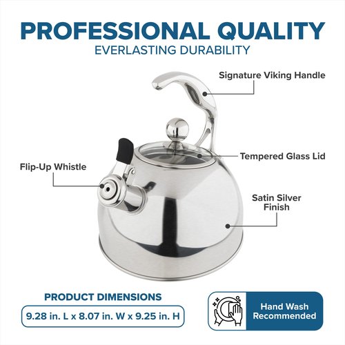Viking 3-Ply Stainless Steel Tea Kettle, 2.6 Quart Stovetop Hot Water Pot with Tempered Glass Lid, Ergonomic Handle, Induction Ready, Satin Silver