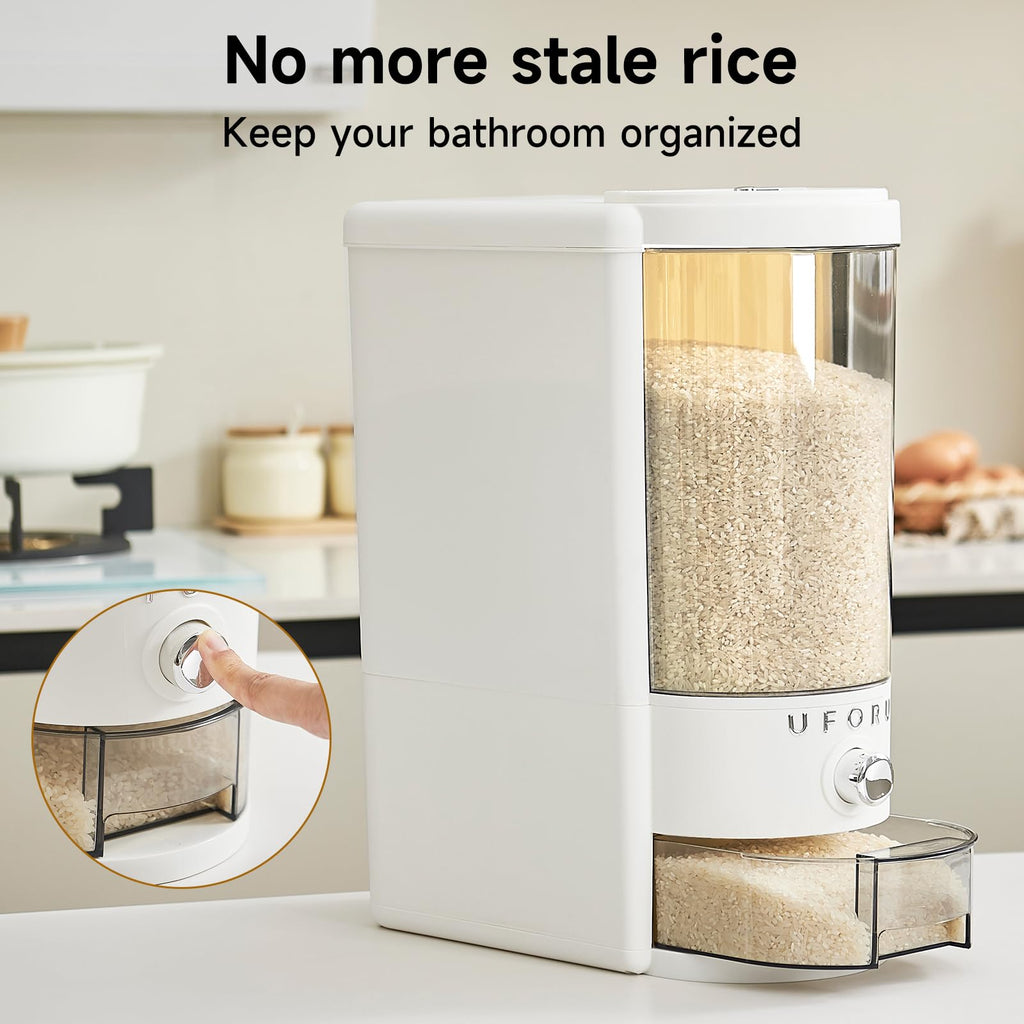 UFORU Rice Dispenser 20 lbs | Large Rice Storage Container for Kitchen&Pantry - Space-saving, Moisture & Pest-proof, BPA-Free - Dry Food Dispenser with One-Touch Dispenser & Measuring Cup for Families