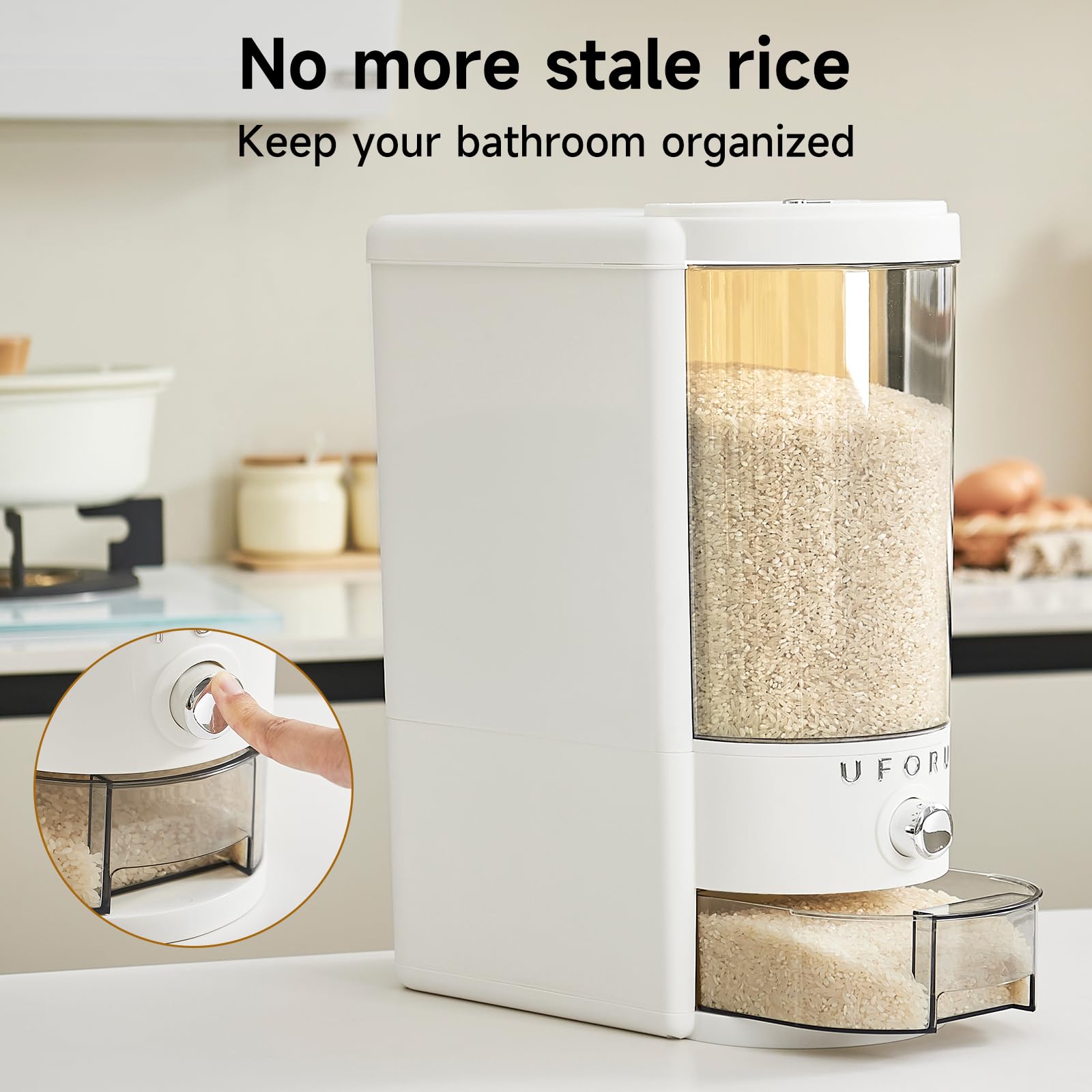 UFORU Rice Dispenser 20 lbs | Large Rice Storage Container for Kitchen&Pantry - Space-saving, Moisture & Pest-proof, BPA-Free - Dry Food Dispenser with One-Touch Dispenser & Measuring Cup for Families