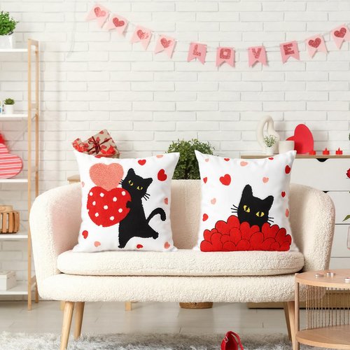 Mindsoft 2 Pcs Valentines Day Pillow Covers 18 x 18 Inch Embroidery Cushion Covers Red Heart Throw Pillowcase Cute Black Cat Pillow Cover Valentine Home Decor for Chair Sofa Bedroom Living Room