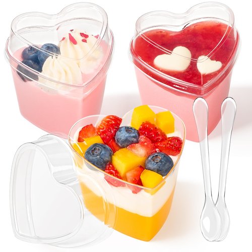 TOFLEN 100 Pack Heart Shaped Dessert Cups with Lids and Spoons, 5 oz Mini Plastic Shooter Cups for Parfait, Pudding, Fruit, Cheesecake, Mousse, Jello, Yogurt, Appetizer