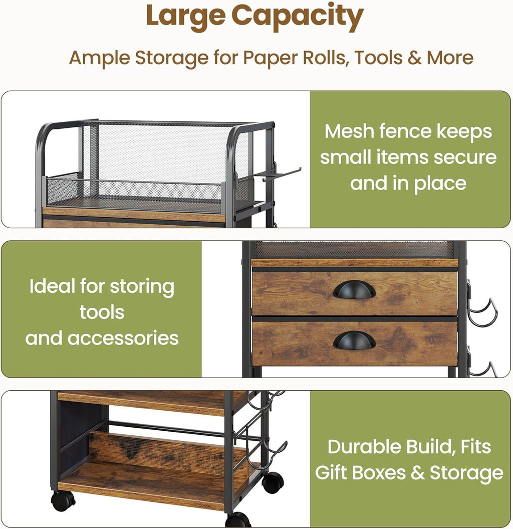 Wrapping Paper Storage Cart - Rolling Organizer with 2 Fabric Drawers & Side Pockets | Lockable Wheels for Gift Bags & Ribbons