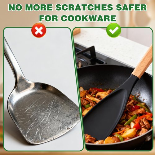 Silicone Spatula Spoon, Cedar and Ash Spoonula, Multifunction Spatula Cooking Spoon for Nonstick Cookwares with Lengthed Wooden Handle, for Mixing, Scoop, and Scrape (2 Black)